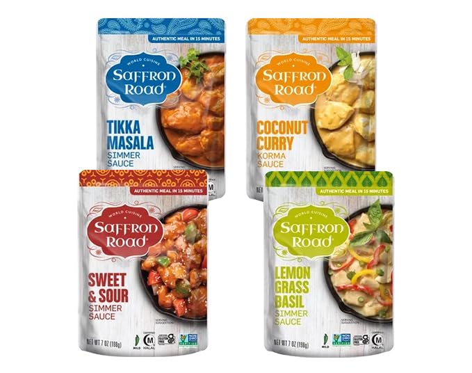 Saffron Road Simmer Sauce Variety Pack – Tikka Masala, Lemongrass Basil, Coconut Curry, Sweet & Sour | 7.0oz Pouches (Pack of 4)