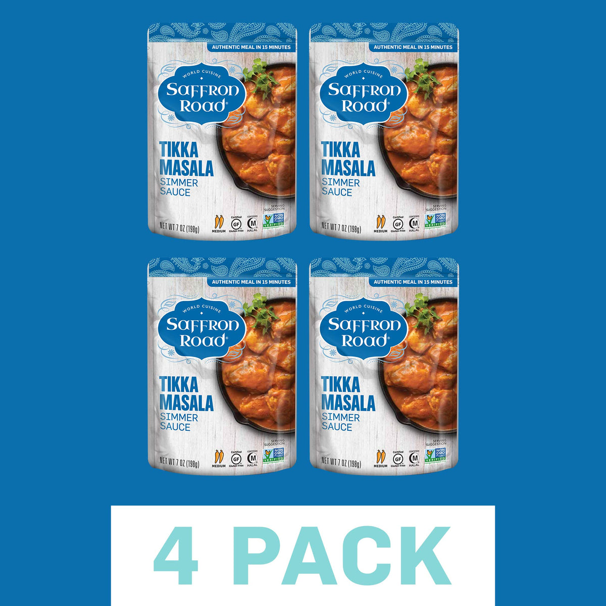 Saffron Road Tikka Masala Simmer Sauce – Gluten Free, Vegetarian, Halal & Kosher | 7oz Pouch (Pack of 4)