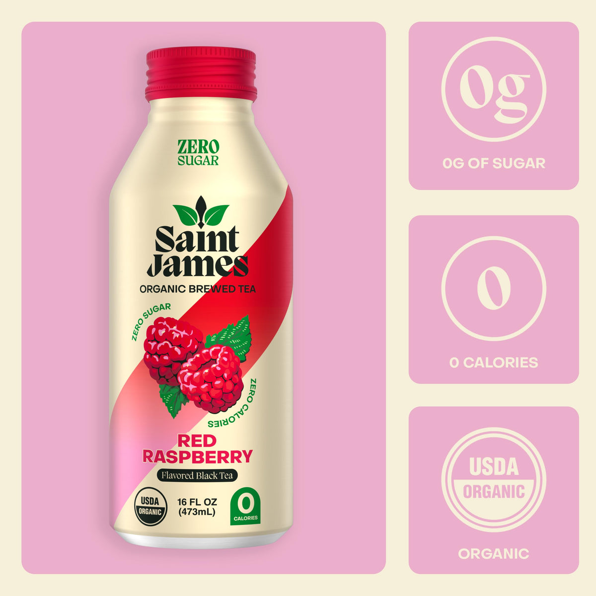 Saint James Iced Tea - Organic Black Tea, Zero Calorie & Zero Sugar - Red Raspberry, 12 Pack (16 fl oz)