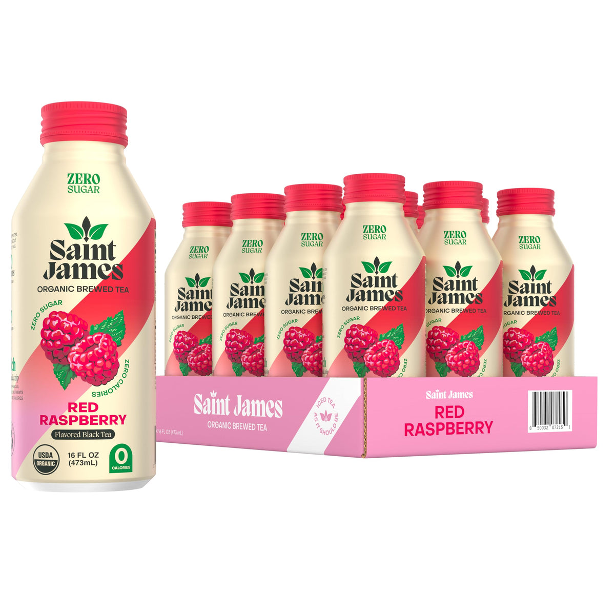 Saint James Iced Tea - Organic Black Tea, Zero Calorie & Zero Sugar - Red Raspberry, 12 Pack (16 fl oz)