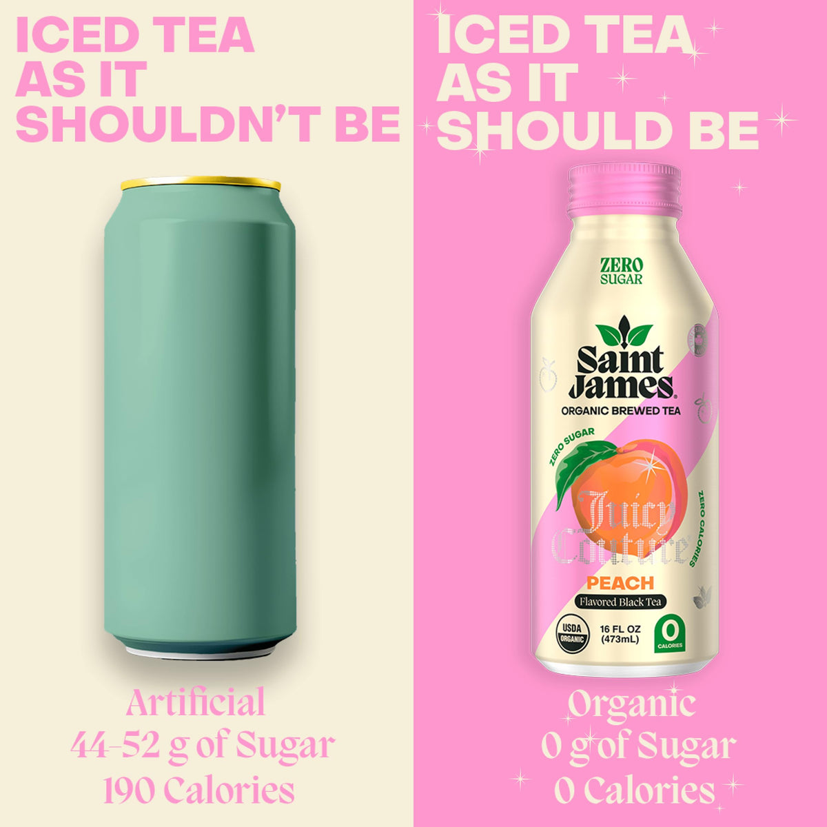 Saint James x Juicy Couture Juicy Peach Iced Tea - Organic Black Tea, Zero Calorie, 12x16oz