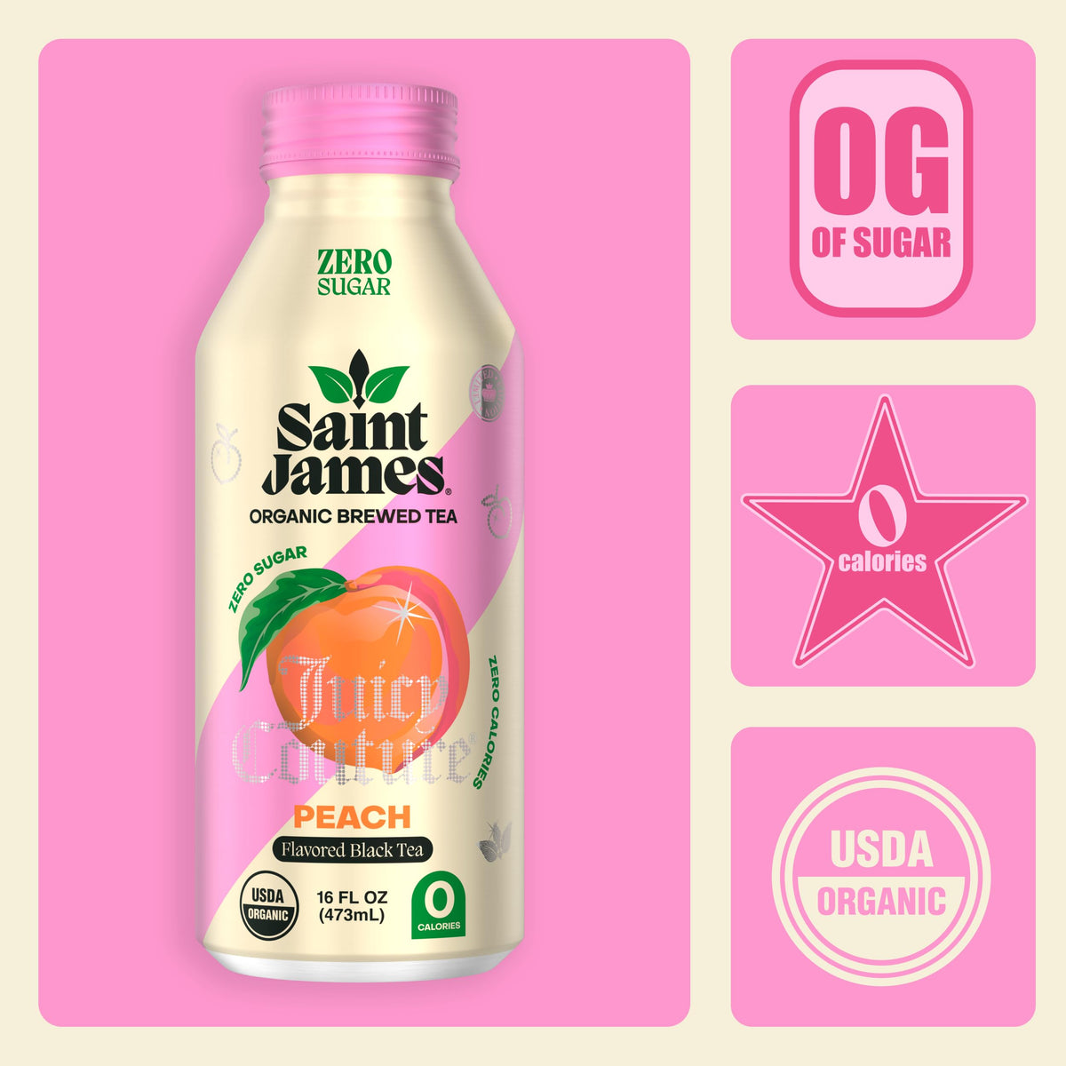 Saint James x Juicy Couture Juicy Peach Iced Tea - Organic Black Tea, Zero Calorie, 12x16oz
