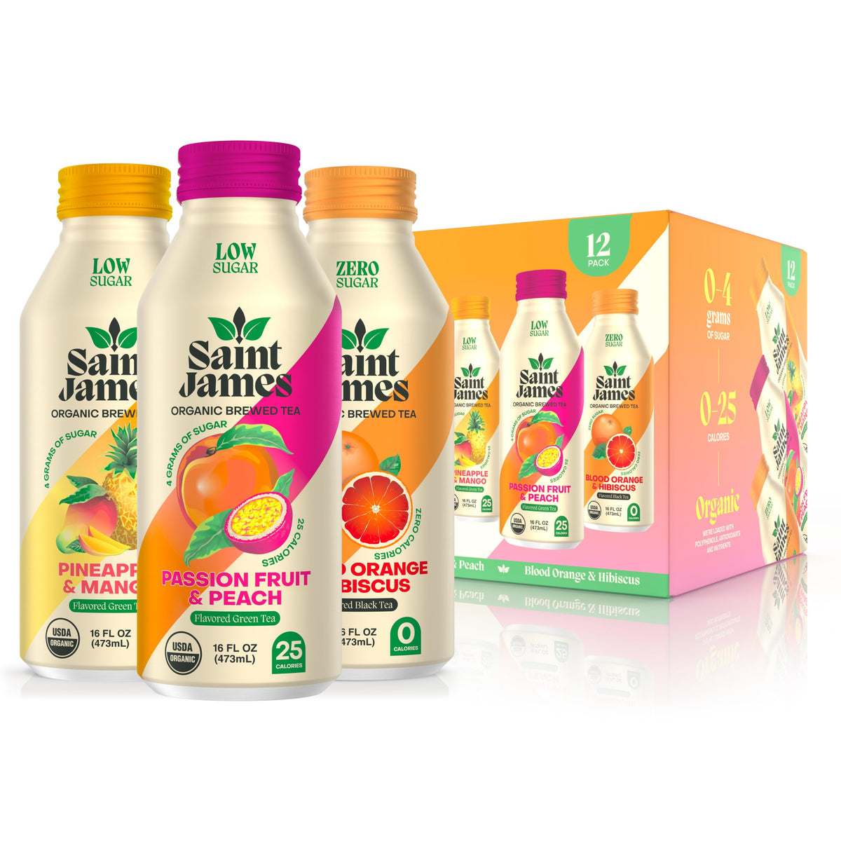 Saint James Iced Tea Paradise Variety Pack — Organic Green & Black Tea (12 x 16 oz)