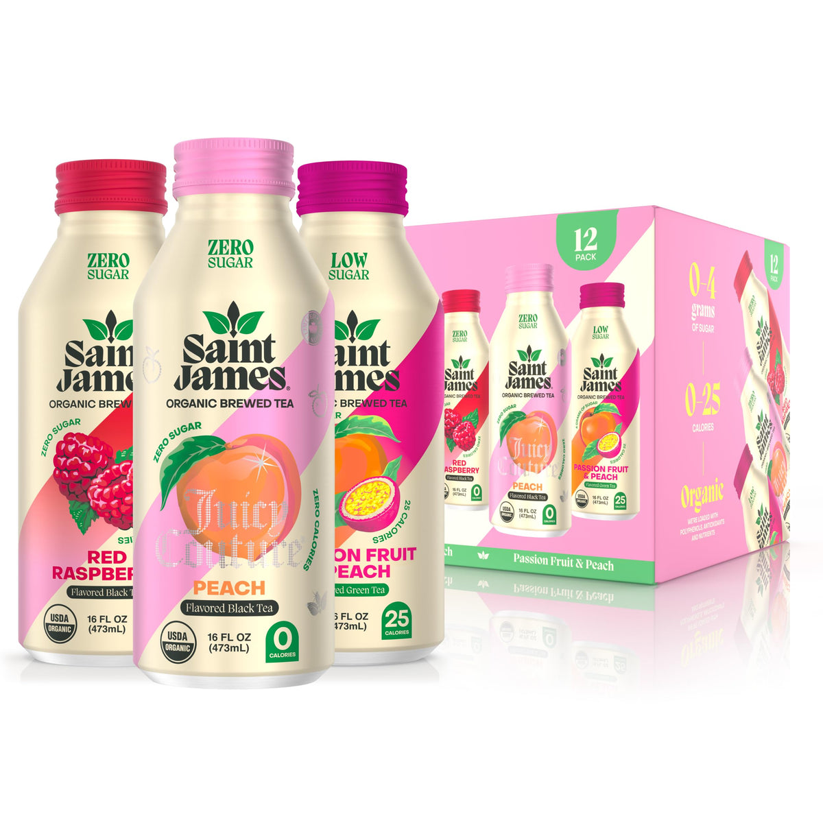 Saint James Iced Tea – Organic Black & Green Tea (12-Bottle Party Variety Pack, 16 fl oz each) – Non-GMO & Gluten-Free