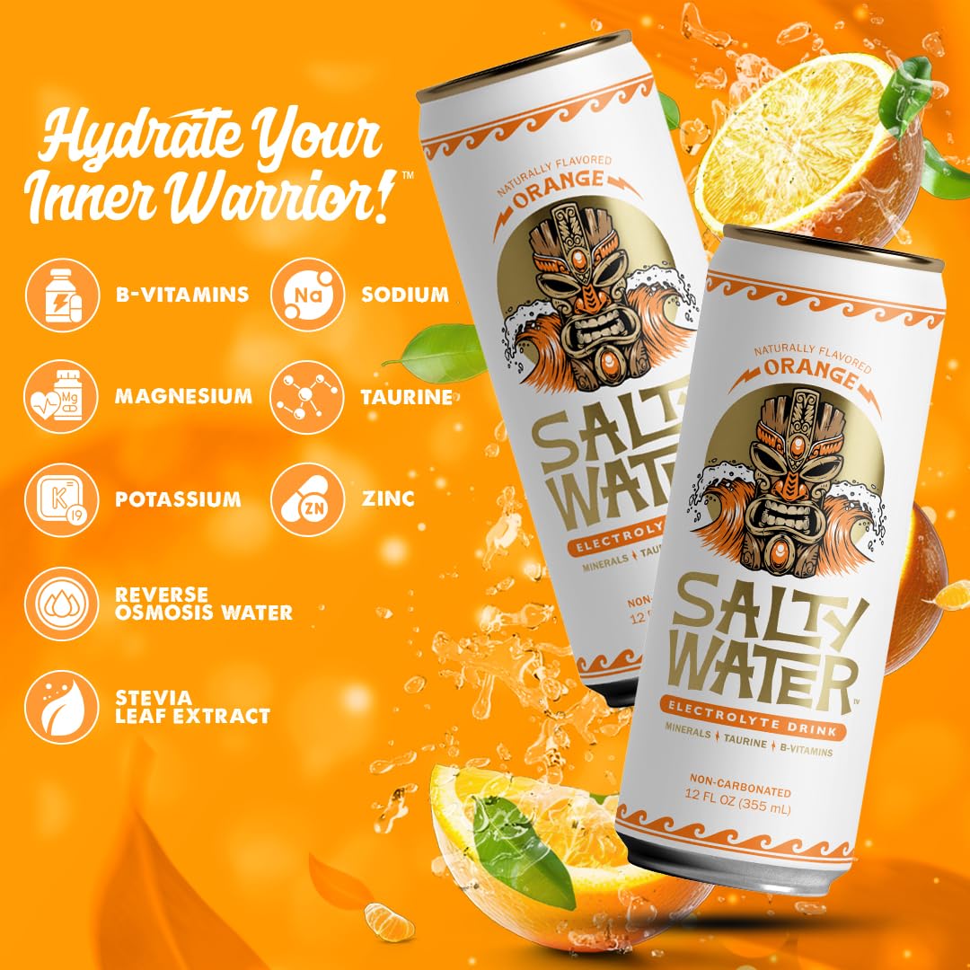SaltyWater Electrolyte Drink – Orange, Zero Sugar, 10 Calories, 12 oz Can (12 Pack)