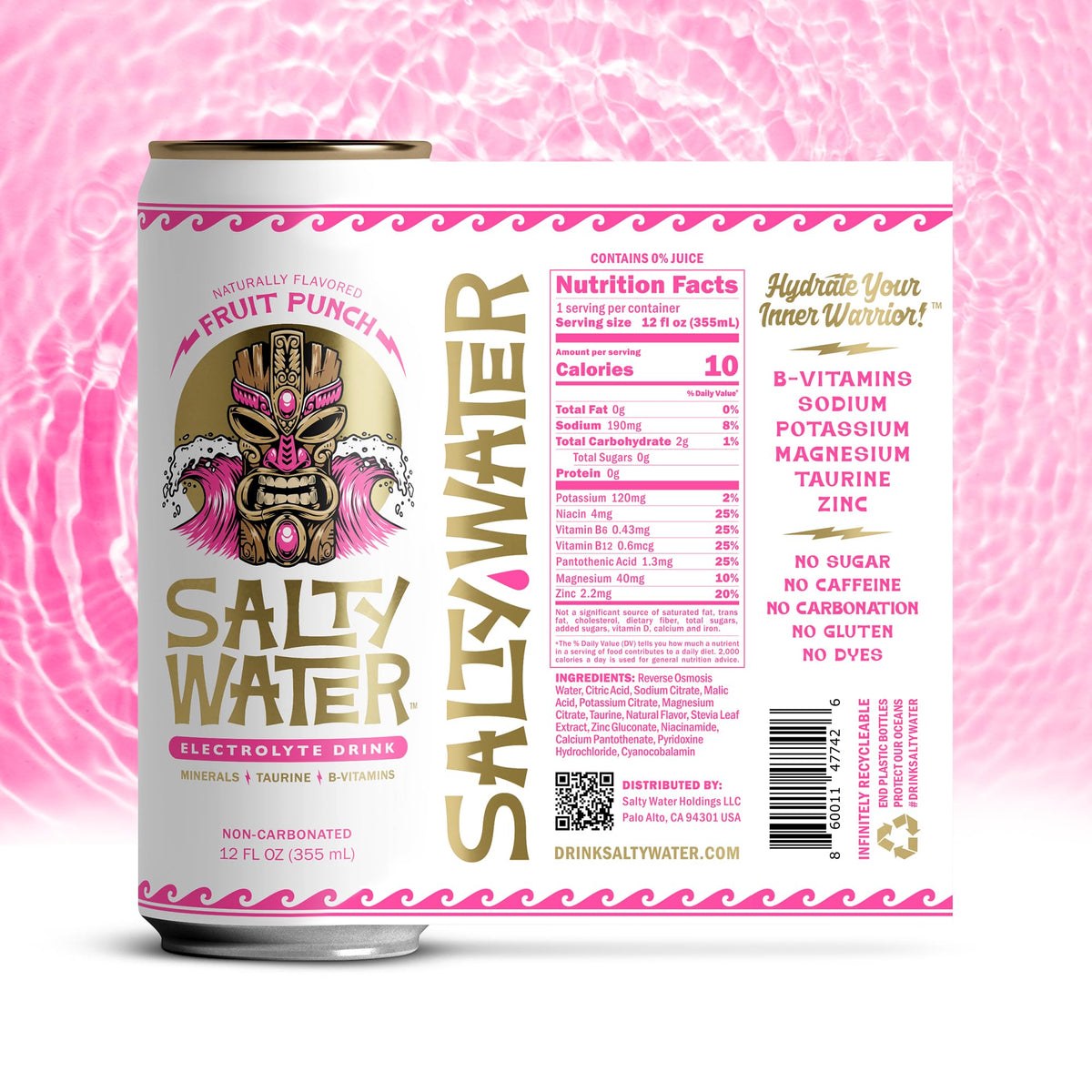 SaltyWater Electrolyte Drink – Fruit Punch (Zero Sugar, 10 Calories) – 12 Pack