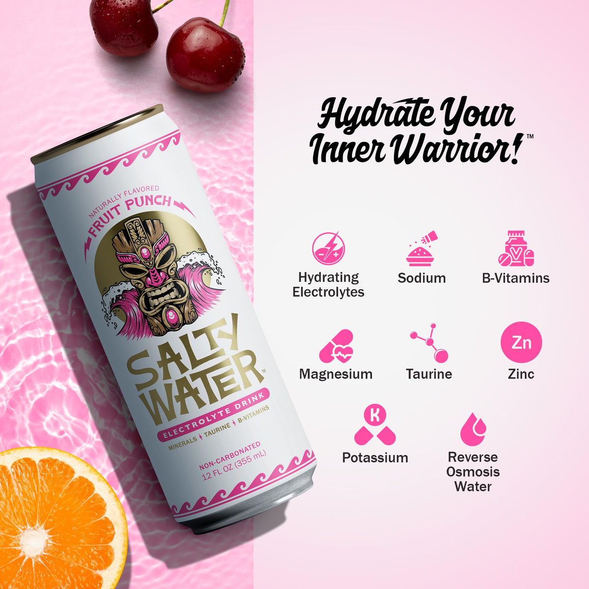 SaltyWater Electrolyte Drink – Fruit Punch (Zero Sugar, 10 Calories) – 12 Pack
