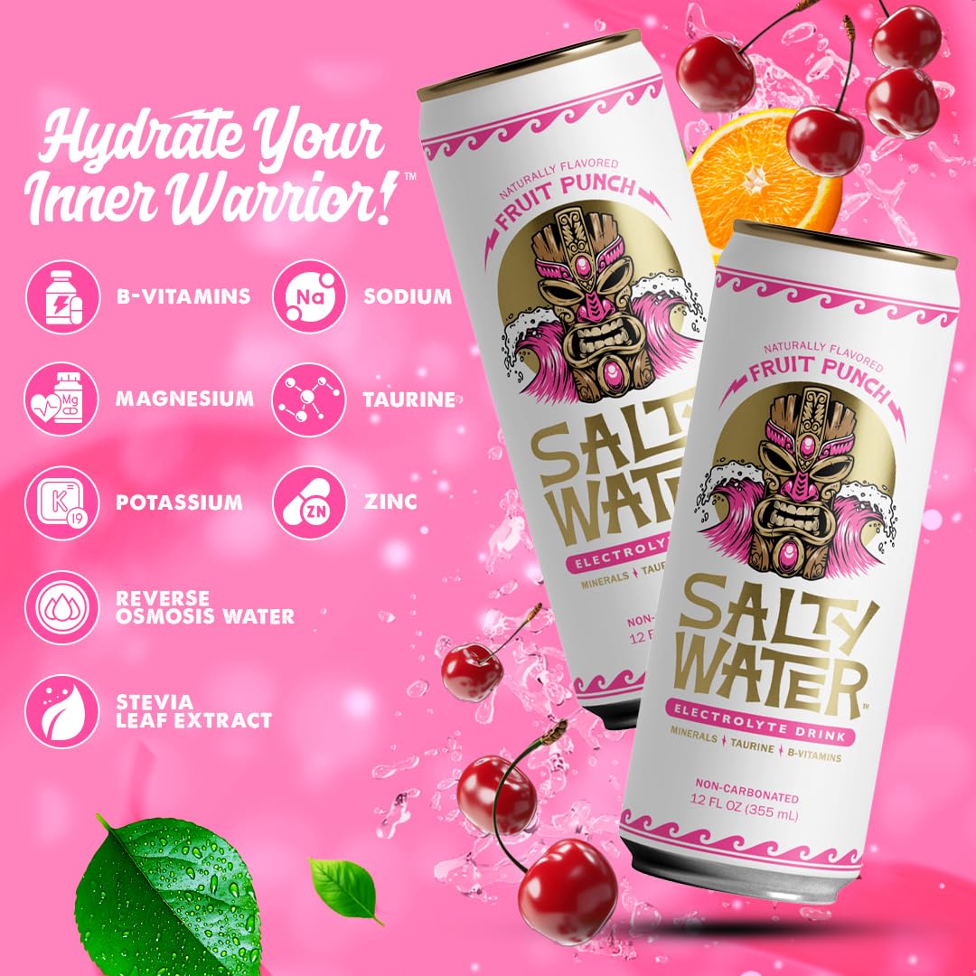 SaltyWater Electrolyte Drink – Fruit Punch (Zero Sugar, 10 Calories) – 12 Pack