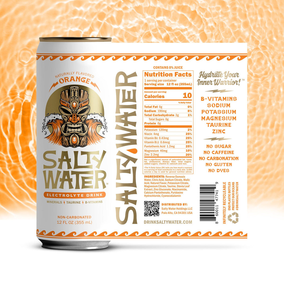 SaltyWater Electrolyte Drink – Orange, Zero Sugar, 10 Calories, 12 oz Can (12 Pack)