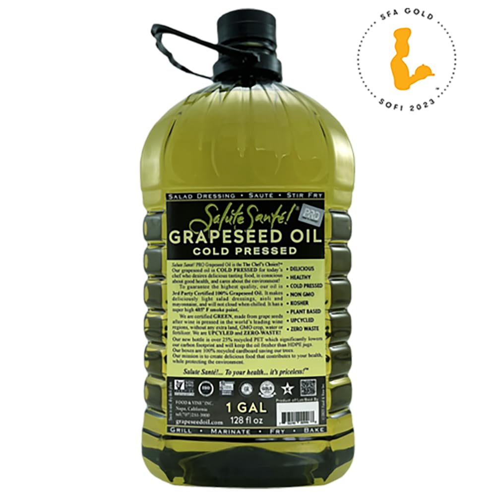 Salute Sante! Cold Pressed Grapeseed Oil – 1 Gallon | High-Heat, Non-GMO, Kosher, Vegan