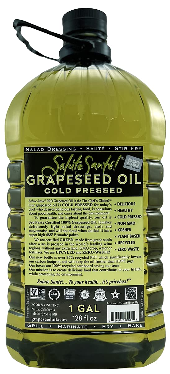Salute Sante! Cold Pressed Grapeseed Oil – 1 Gallon | High-Heat, Non-GMO, Kosher, Vegan