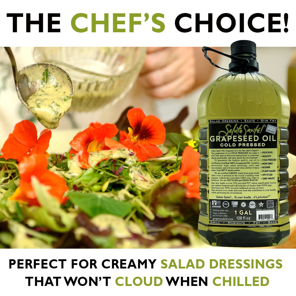Salute Sante! Cold Pressed Grapeseed Oil – 1 Gallon | High-Heat, Non-GMO, Kosher, Vegan
