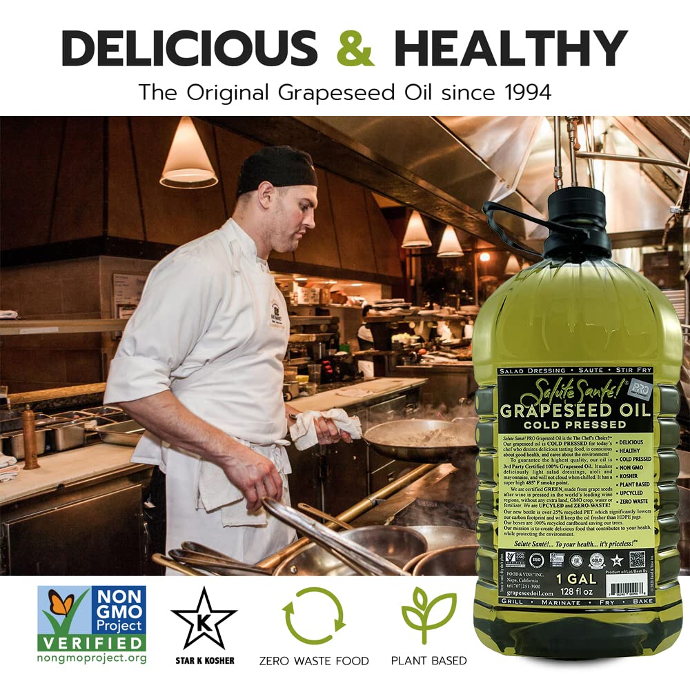 Salute Sante! Cold Pressed Grapeseed Oil – 1 Gallon | High-Heat, Non-GMO, Kosher, Vegan