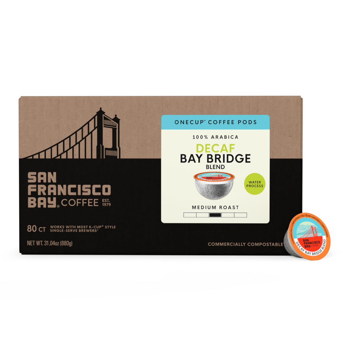 San Francisco Bay Decaf Bay Bridge Blend K-Cup Pods — 80-count, Medium Roast, Swiss Water Process, Compostable