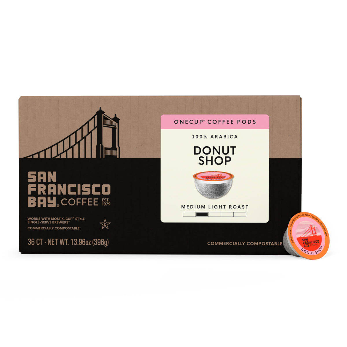 San Francisco Bay Donut Shop K-Cup Pods – 36 ct, Medium-Light Roast, Commercially Compostable