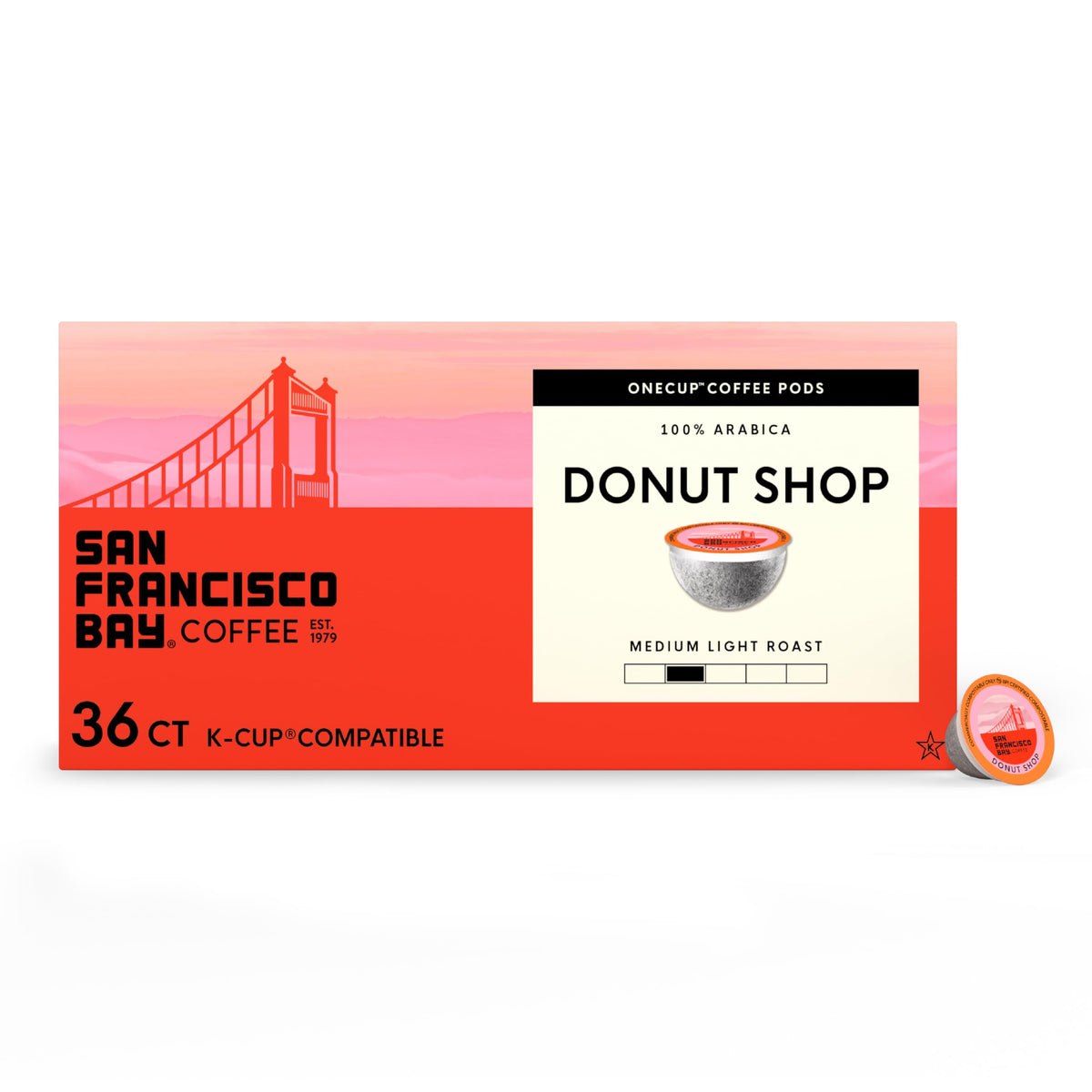 San Francisco Bay Donut Shop K-Cup Pods – 36 ct, Medium-Light Roast, Commercially Compostable
