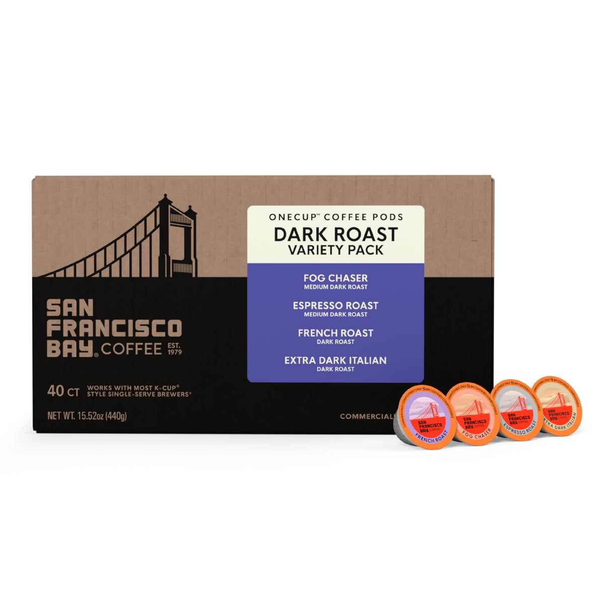 San Francisco Bay Dark Roast K-Cup Pods Variety Pack – 40 ct (Fog Chaser, Espresso Roast, French Roast, Extra Dark Italian) | Compostable