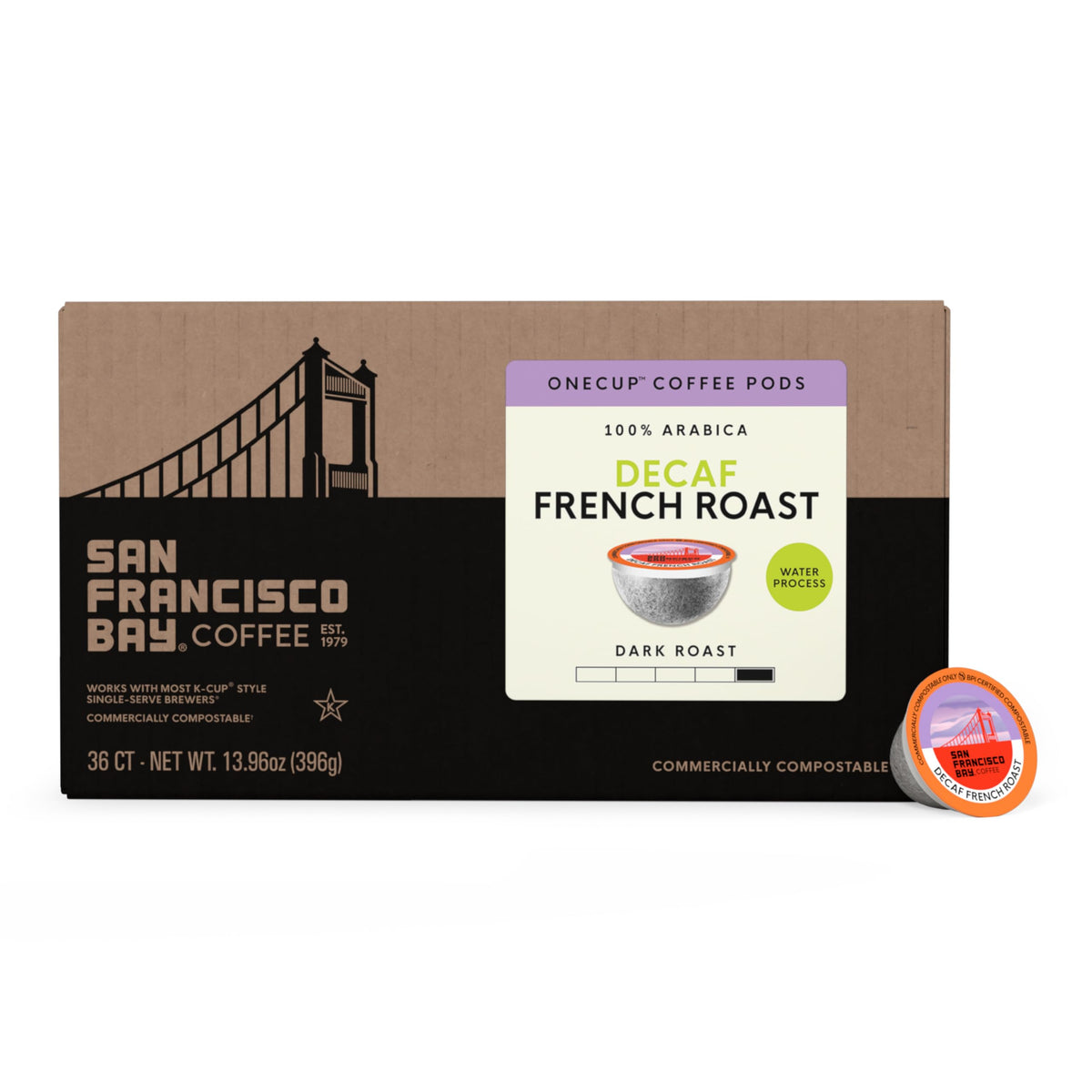 San Francisco Bay Decaf French Roast K-Cup Pods – 36 ct, Swiss Water Process, Compostable