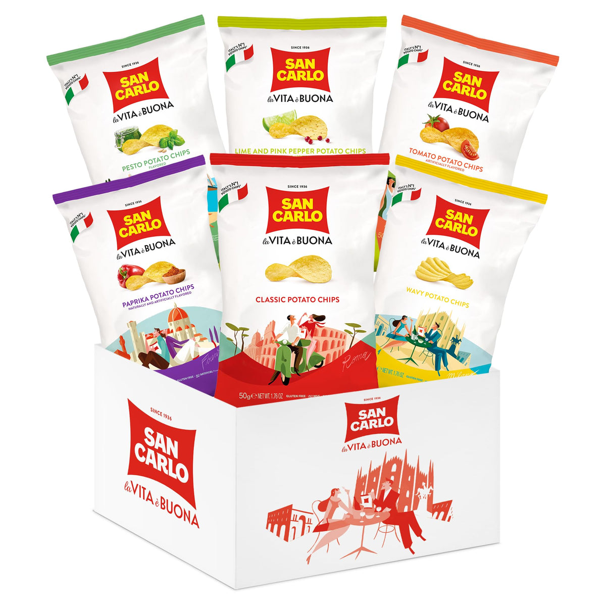 San Carlo Variety Pack 8x50g – Classic, Wavy, Paprika, Pesto, Lime & Pink Pepper, Tomato