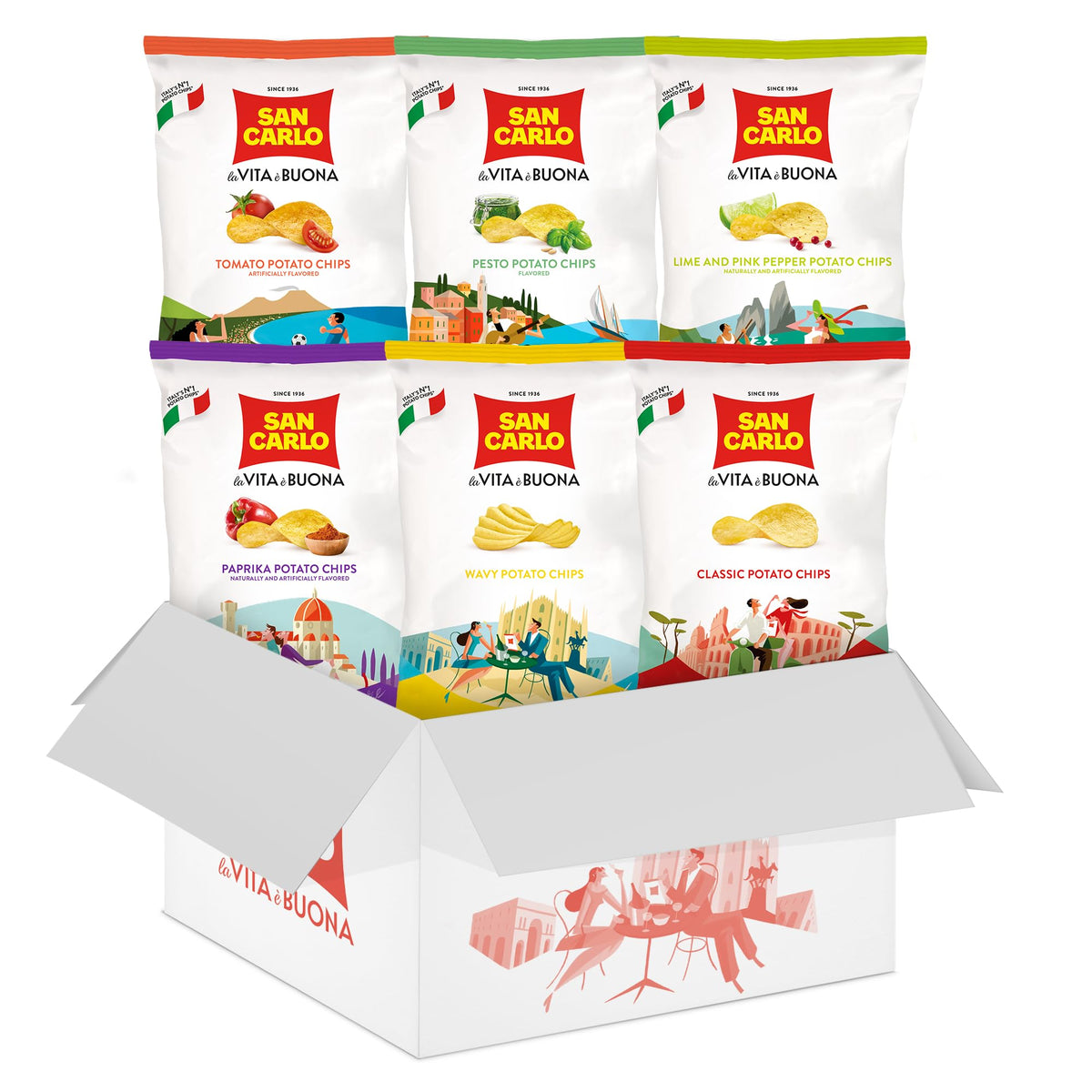 San Carlo Variety Pack 8x50g – Classic, Wavy, Paprika, Pesto, Lime & Pink Pepper, Tomato