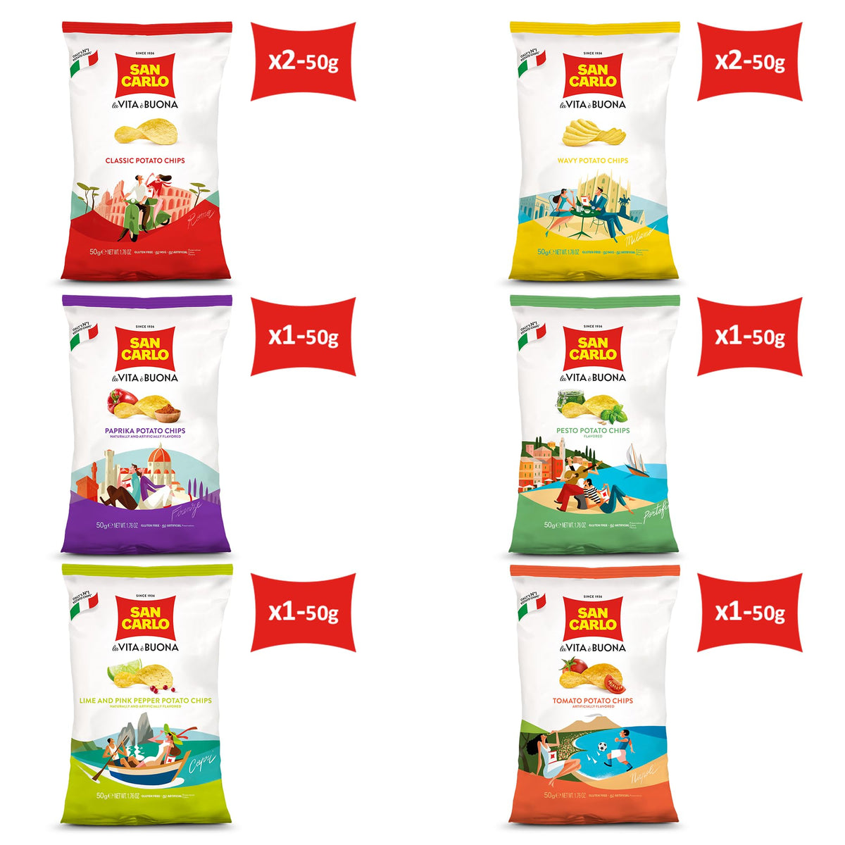 San Carlo Variety Pack 8x50g – Classic, Wavy, Paprika, Pesto, Lime & Pink Pepper, Tomato