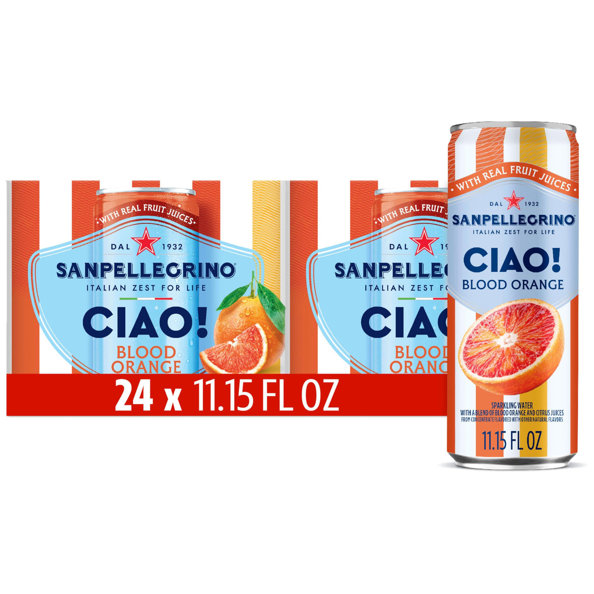 Sanpellegrino CIAO Blood Orange Sparkling Water – Low Calorie, 0g Added Sugar, Real Fruit Juice, 24-Pack