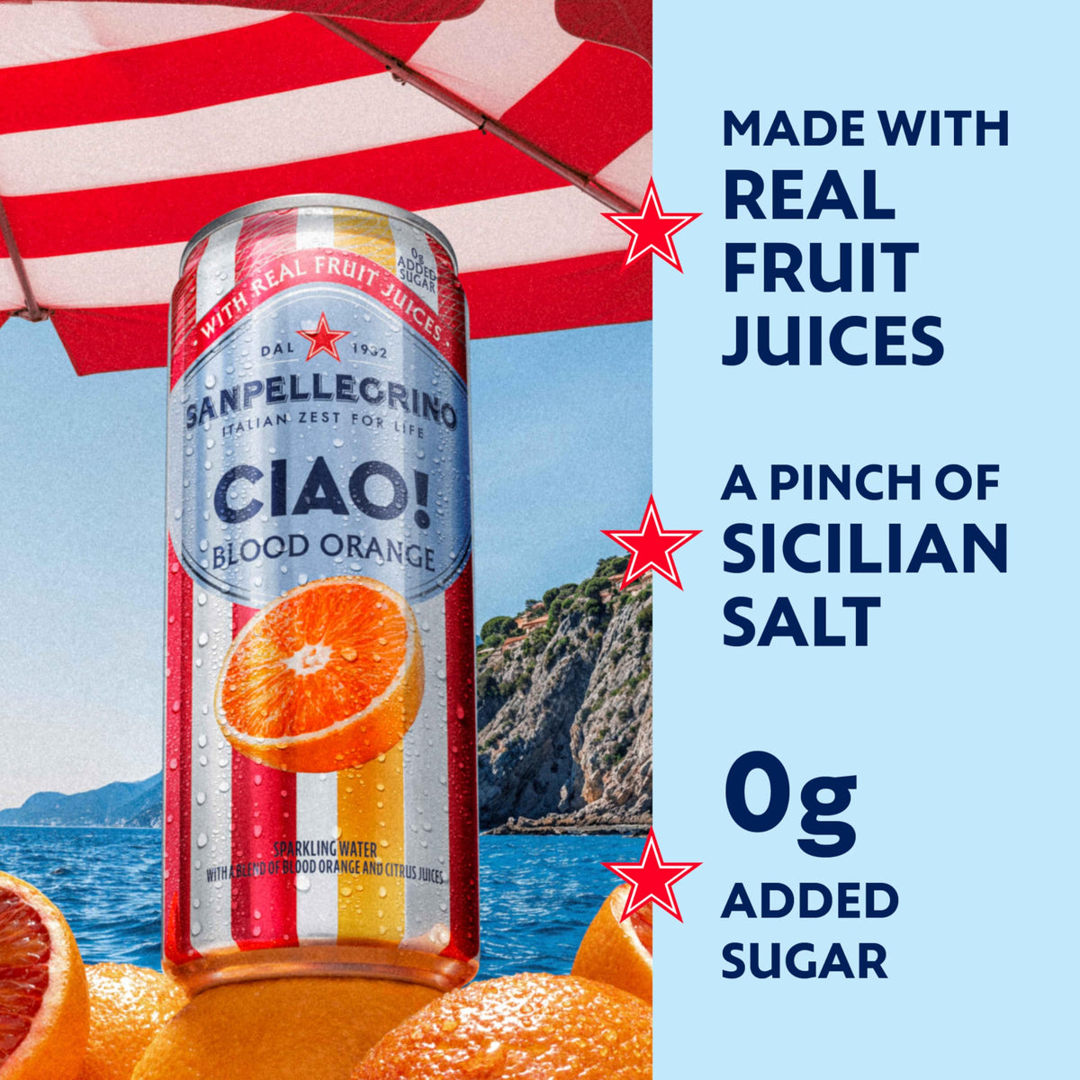 Sanpellegrino CIAO Blood Orange Sparkling Water – Low Calorie, 0g Added Sugar, Real Fruit Juice, 24-Pack