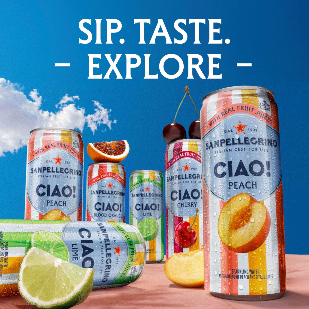 Sanpellegrino CIAO Blood Orange Sparkling Water – Low Calorie, 0g Added Sugar, Real Fruit Juice, 24-Pack
