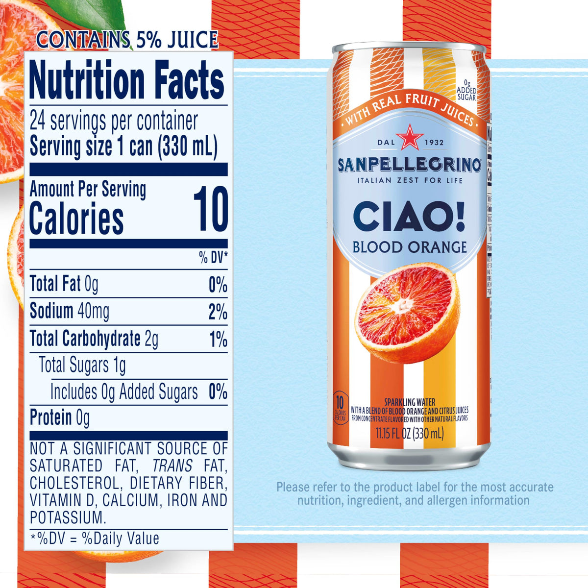 Sanpellegrino CIAO Blood Orange Sparkling Water – Low Calorie, 0g Added Sugar, Real Fruit Juice, 24-Pack