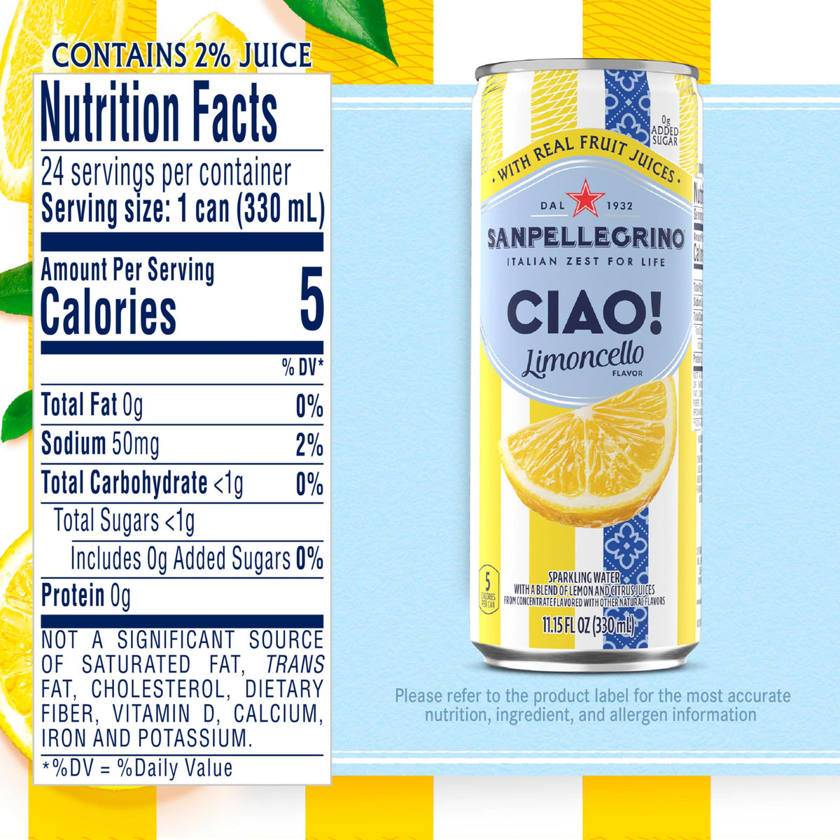 Sanpellegrino CIAO Limoncello Flavored Sparkling Water - 24 Pack