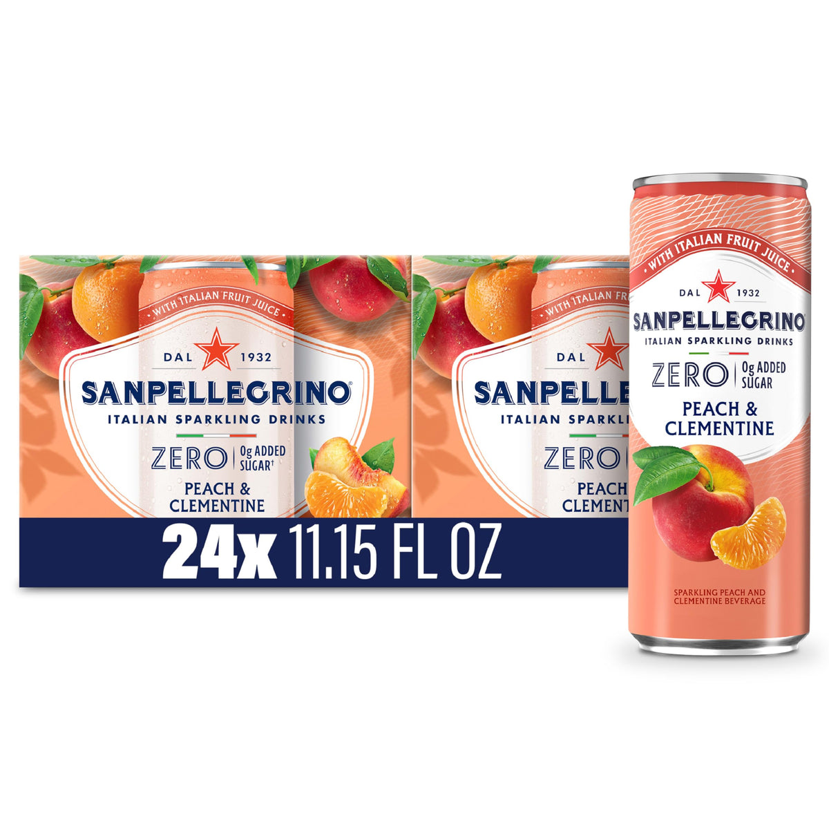 San Pellegrino Zero Grams Added Sugar Peach Clementine Italian Sparkling Drink – Pack of 24, 11.15 fl oz Cans