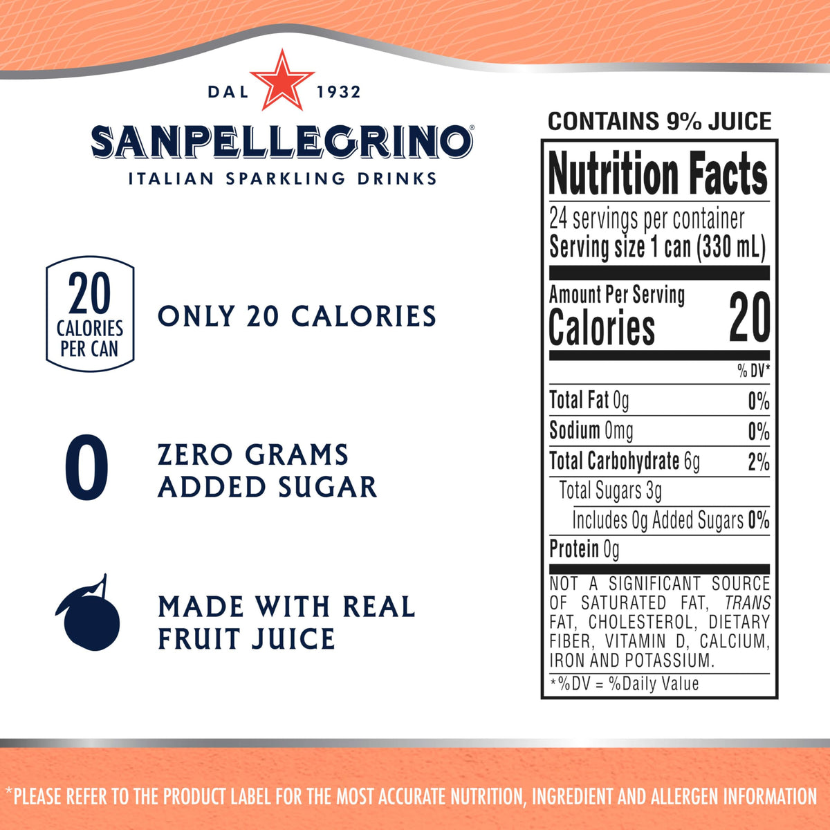 San Pellegrino Zero Grams Added Sugar Peach Clementine Italian Sparkling Drink – Pack of 24, 11.15 fl oz Cans