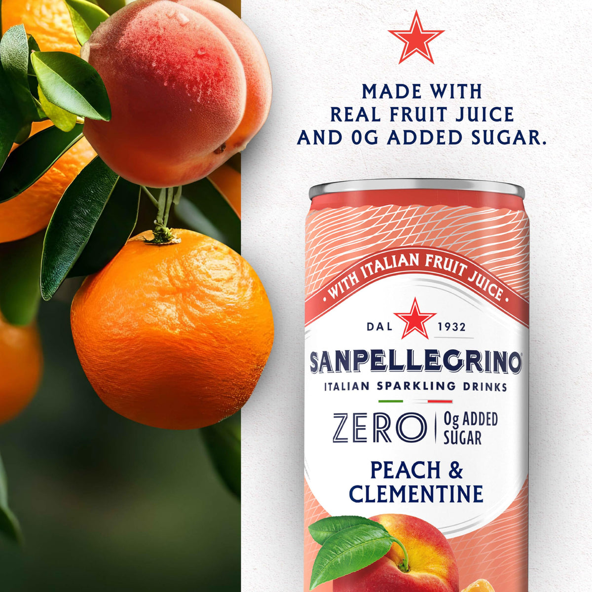 San Pellegrino Zero Grams Added Sugar Peach Clementine Italian Sparkling Drink – Pack of 24, 11.15 fl oz Cans
