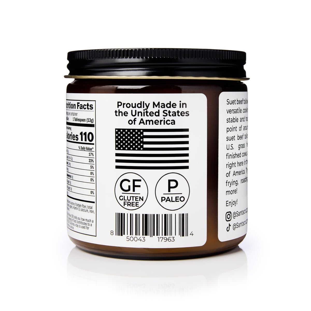 Santa Cruz Paleo Beef Tallow – Skin Care & Cooking, 14 oz, Grass-Fed & Finished, Gluten Free, Keto & Paleo
