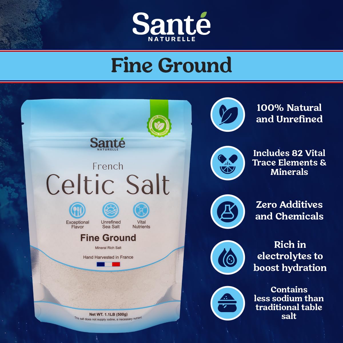 Sante Naturelle Celtic Salt Bundle – Fine Ground & Grey Coarse, 1.1 lb (2x18 oz) Unrefined French Sea Salt