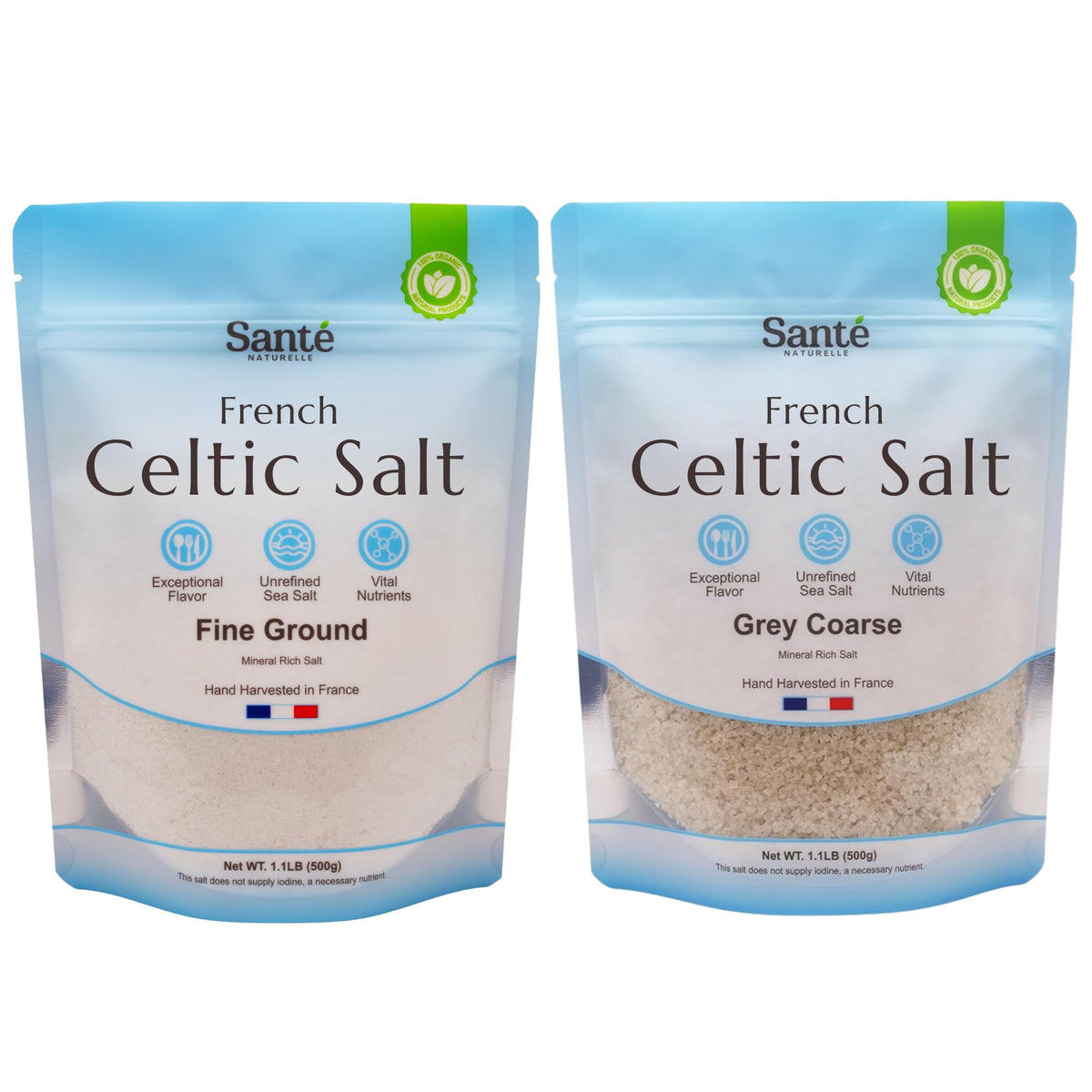 Sante Naturelle Celtic Salt Bundle – Fine Ground & Grey Coarse, 1.1 lb (2x18 oz) Unrefined French Sea Salt