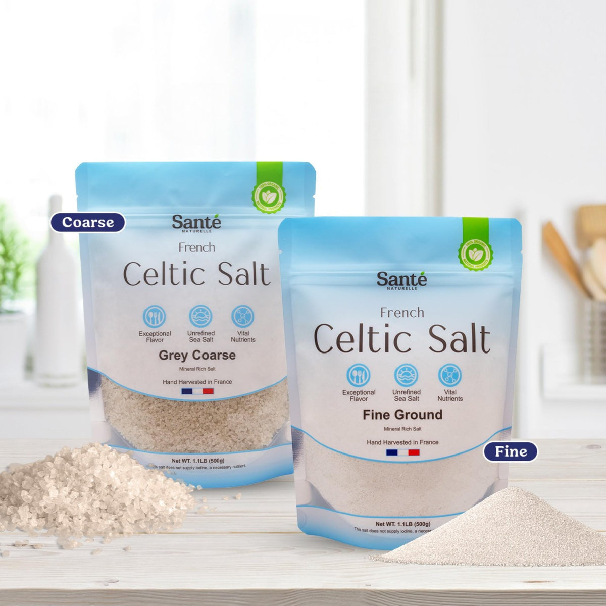 Sante Naturelle Celtic Salt Bundle – Fine Ground & Grey Coarse, 1.1 lb (2x18 oz) Unrefined French Sea Salt