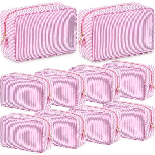 Sanwuta 10 Pcs Seersucker Cosmetic Bag Seersucker Makeup Bag Women Stripe Large Travel Toiletry Organizer Preppy Storage Pouch for Embroidery Wedding Bridesmaid Bride Mom (Pink)