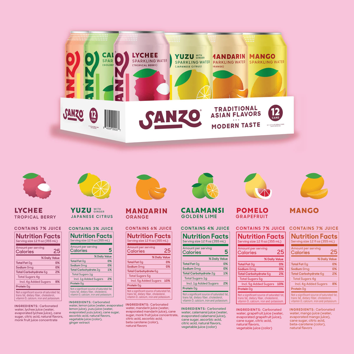 Sanzo Flavored Sparkling Water Variety Pack – Yuzu Lemon, Calamansi Lime, Pomelo Grapefruit, Mango, Lychee, Mandarin Orange | 12oz Cans, 12 Pack