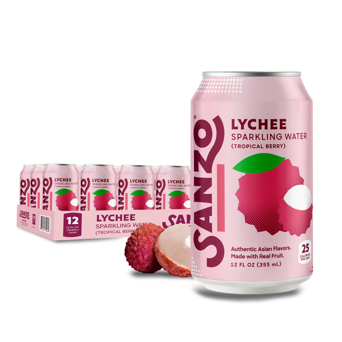 Sanzo Lychee Flavored Sparkling Water – Low Calorie, Real Fruit Flavor – 12 Pack
