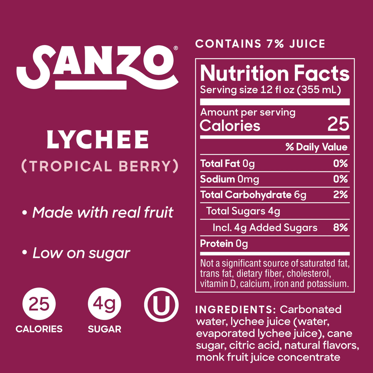 Sanzo Lychee Flavored Sparkling Water – Low Calorie, Real Fruit Flavor – 12 Pack