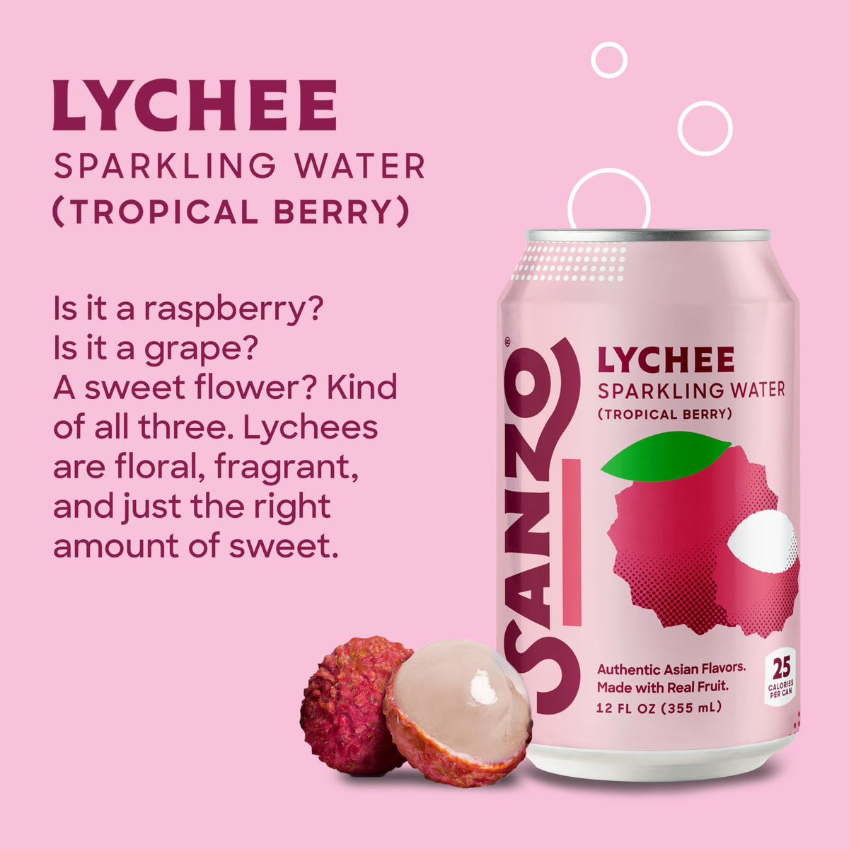 Sanzo Lychee Flavored Sparkling Water – Low Calorie, Real Fruit Flavor – 12 Pack