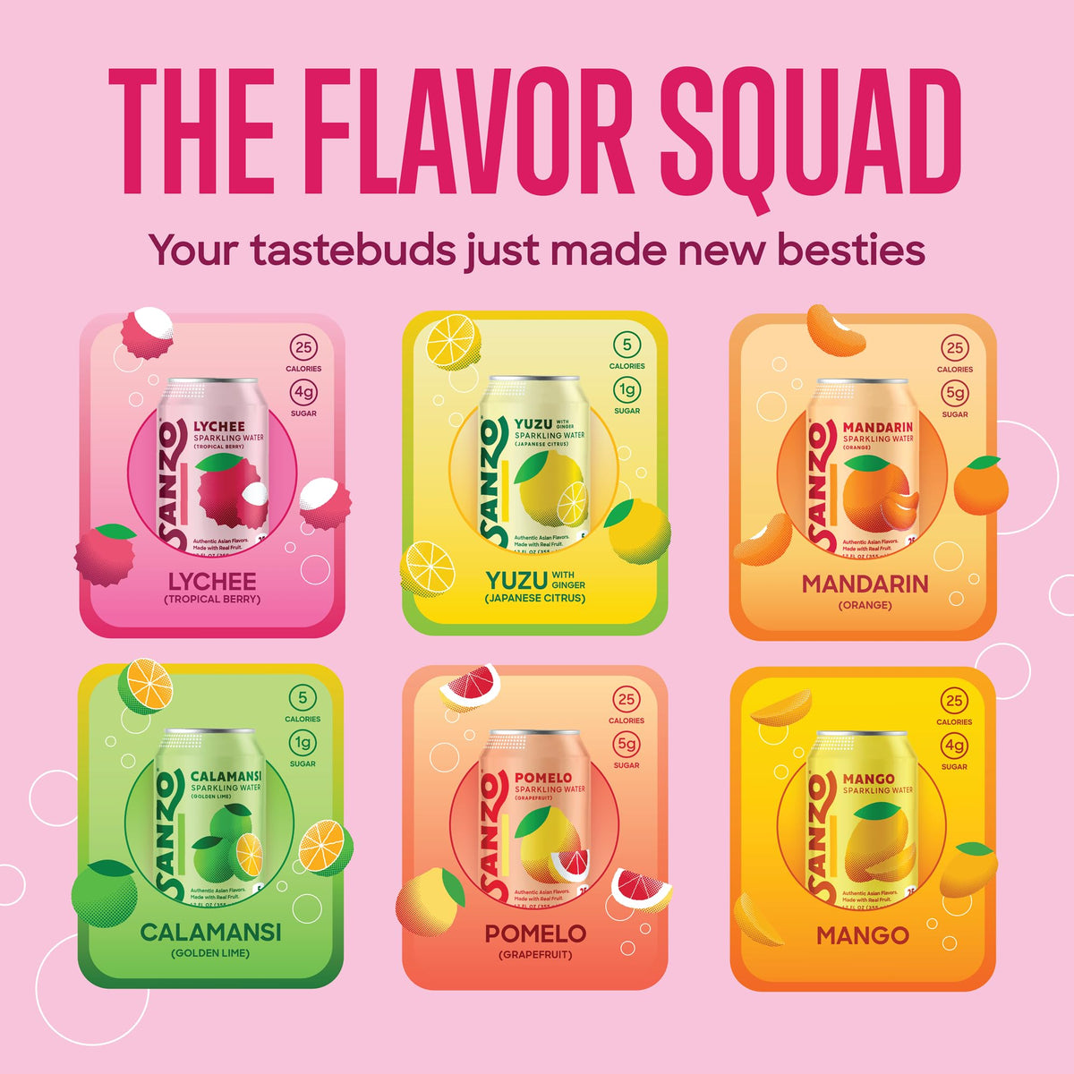 Sanzo Flavored Sparkling Water Variety Pack – Yuzu Lemon, Calamansi Lime, Pomelo Grapefruit, Mango, Lychee, Mandarin Orange | 12oz Cans, 12 Pack