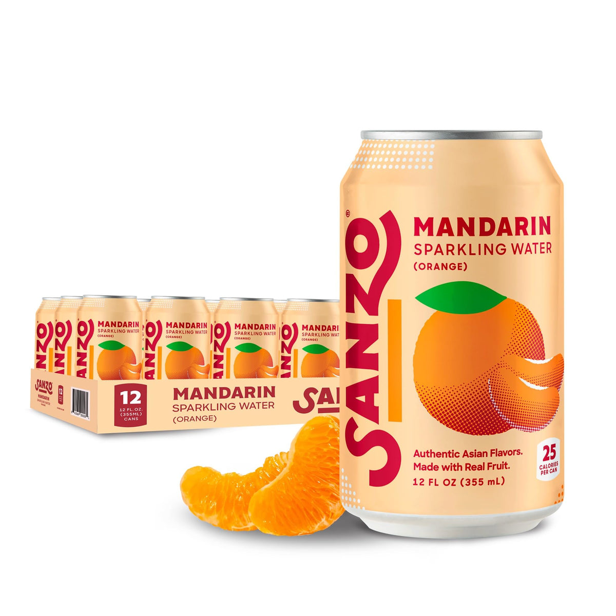 Sanzo Mandarin Orange Sparkling Water — Low Calorie, Real Fruit, 12oz Can (12 Pack)