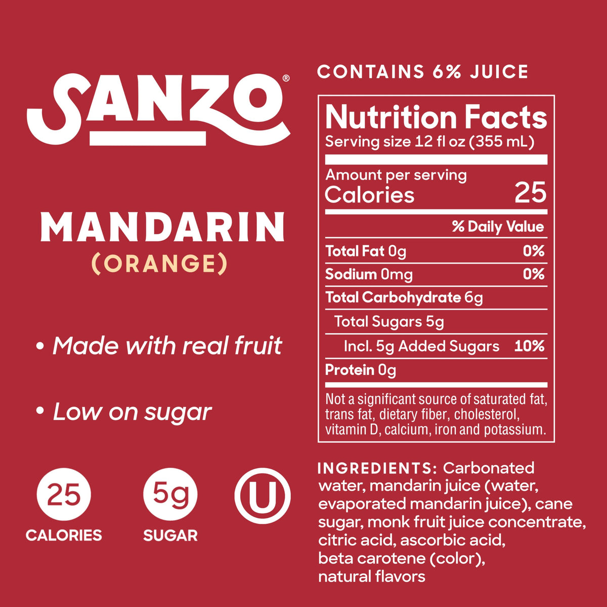 Sanzo Mandarin Orange Sparkling Water — Low Calorie, Real Fruit, 12oz Can (12 Pack)