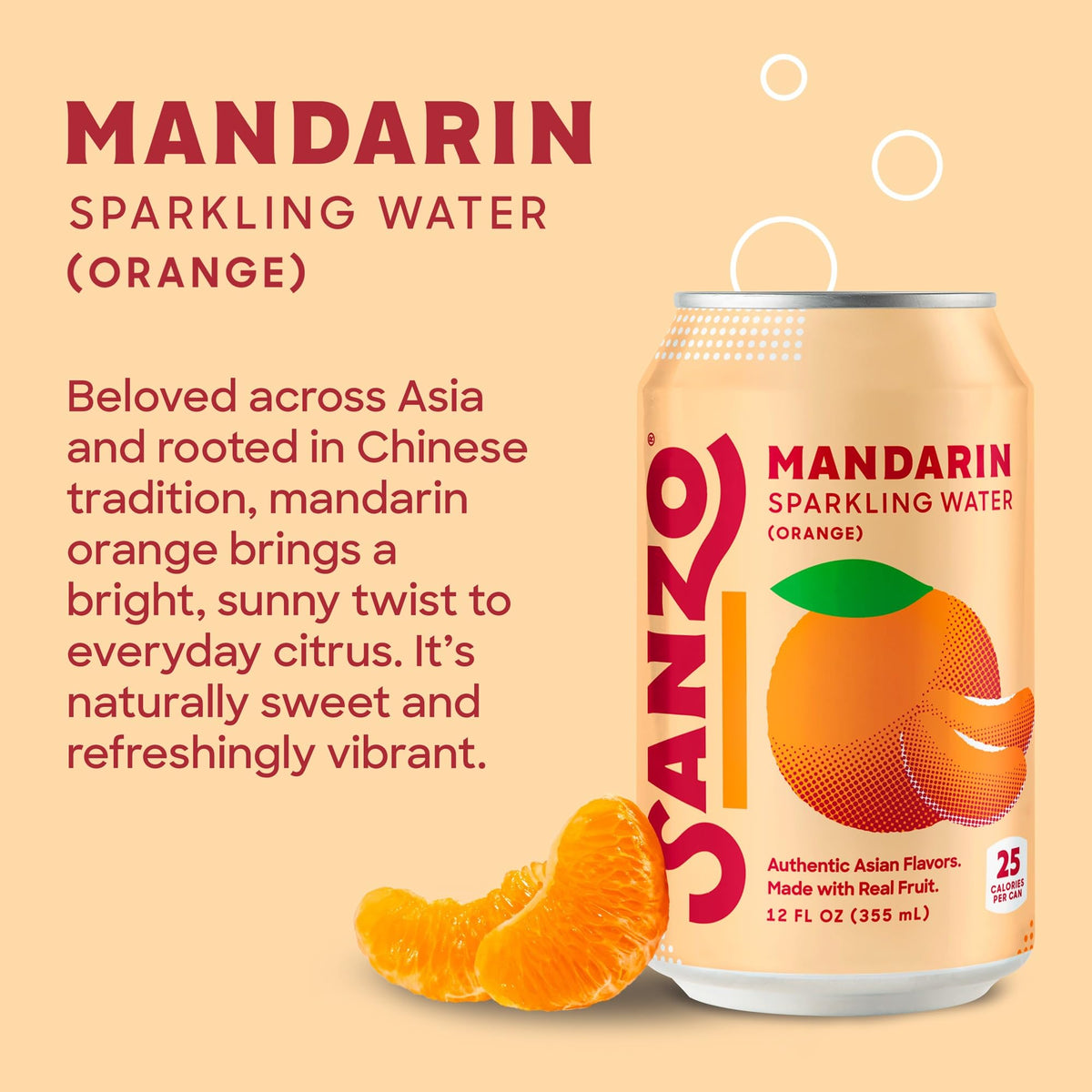Sanzo Mandarin Orange Sparkling Water — Low Calorie, Real Fruit, 12oz Can (12 Pack)