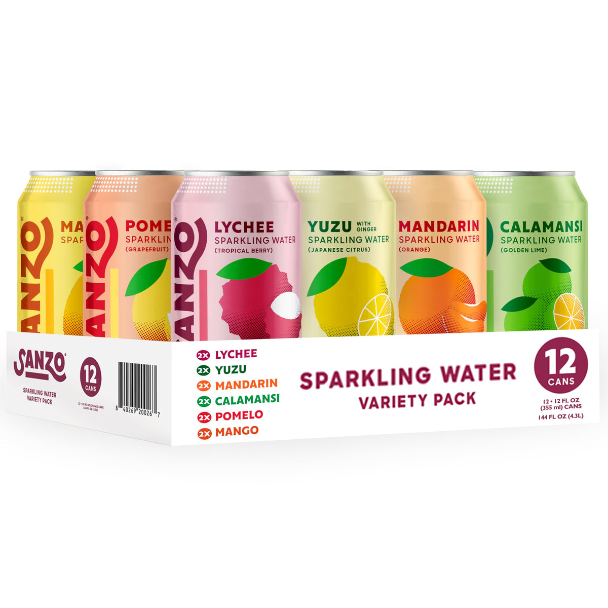 Sanzo Flavored Sparkling Water Variety Pack – Yuzu Lemon, Calamansi Lime, Pomelo Grapefruit, Mango, Lychee, Mandarin Orange | 12oz Cans, 12 Pack