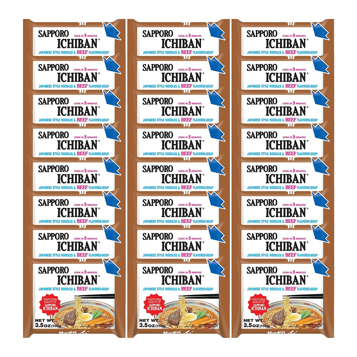 Sapporo Ichiban Beef Flavor Ramen Noodles – No. 1 Japanese Instant Noodles (3.5 oz x 24) | 24 Pack Case