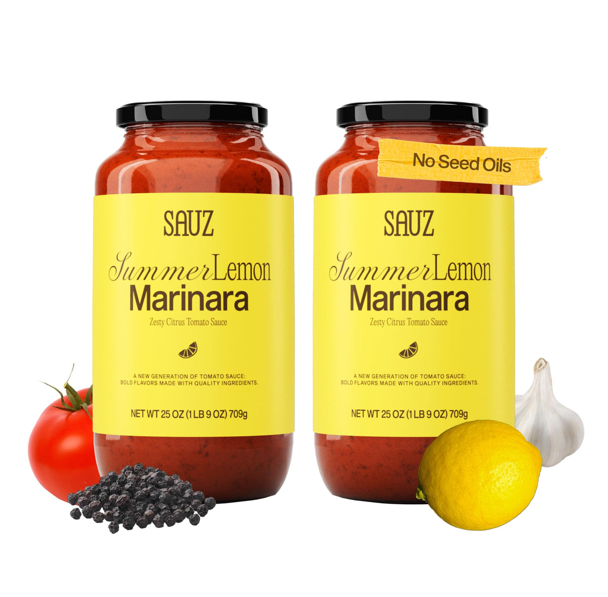 Sauz Summer Lemon Marinara Sauce — Clean Ingredients, Gluten-Free, No Seed Oils | 2-Pack, 12 Servings