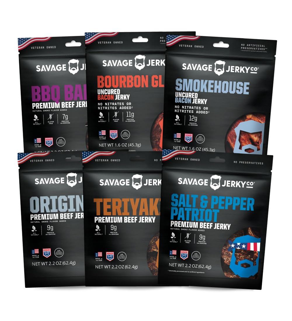 Savage Jerky Co. Bacon & Beef Jerky 6-Pack – Gluten Free, High Protein